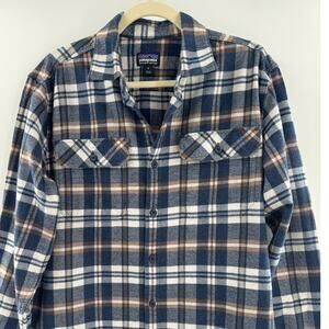 Patagonia Mens Flannel Navy Blue Brown Plaid Shirt Button Up Cotton  M